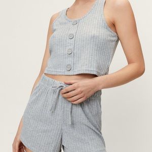NWT Nasty Gal Ribbed Jersey Button Down Pajama Set in Gray Size Med